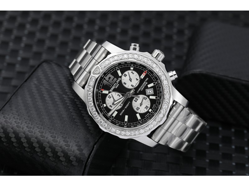 Breitling Colt 44 Stainless Steel Watch for Men with Diamonds on the Bezel, Black Dial 