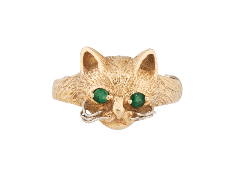 14K Yellow Gold and Emeralds Cat Ring Size 4.5