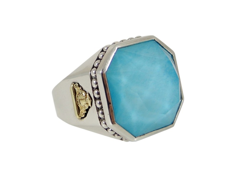 Lagos Sterling Silver 18K Yellow Gold and Turquoise Stone Doublet Color Rocks Ring Size 7