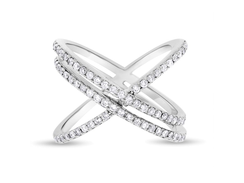 14k White Gold 0.58ct. Diamond Double Row Crossover X Ring Size 7 
