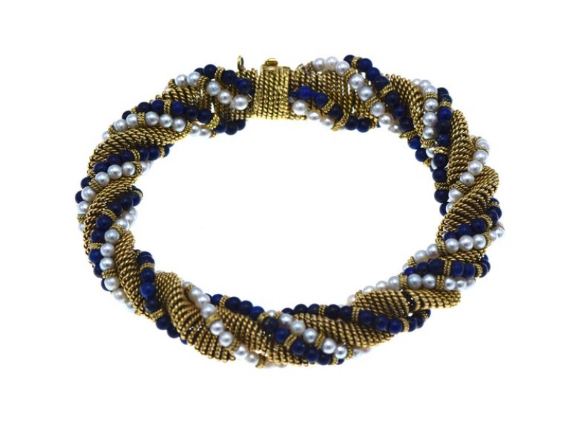 Cartier Twisted Gold, Lapis and Cultured Pearl Bracelet
