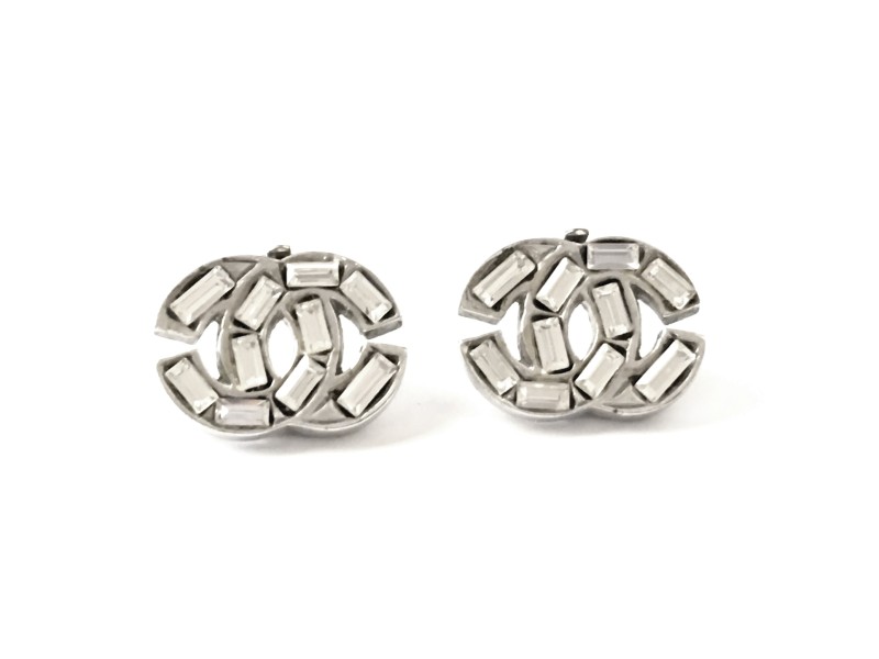 Chanel Silver-Tone Crystal CC Classic Earrings
