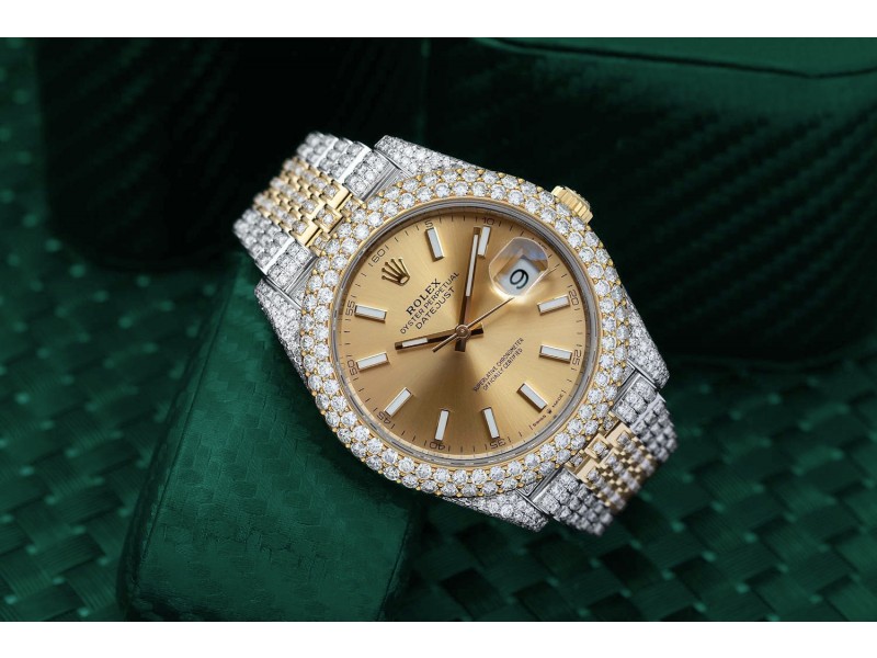 Rolex Custom Diamond Datejust 41mm Factory Champagne Index Dial Yellow Gold and Stainless Steel Mens Watch