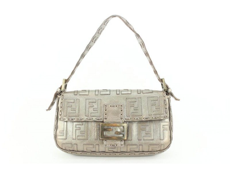Fendi Silver Whipstitch Embossed FF Leather Mama Baguette Flap Bag 1ff98