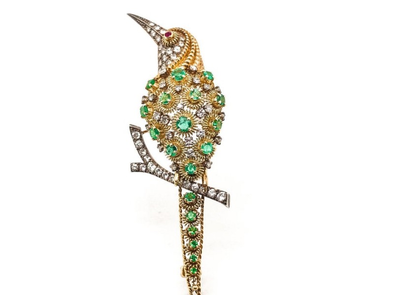 18 Karat Gold Diamond and Emerald Infused Bird Brooch