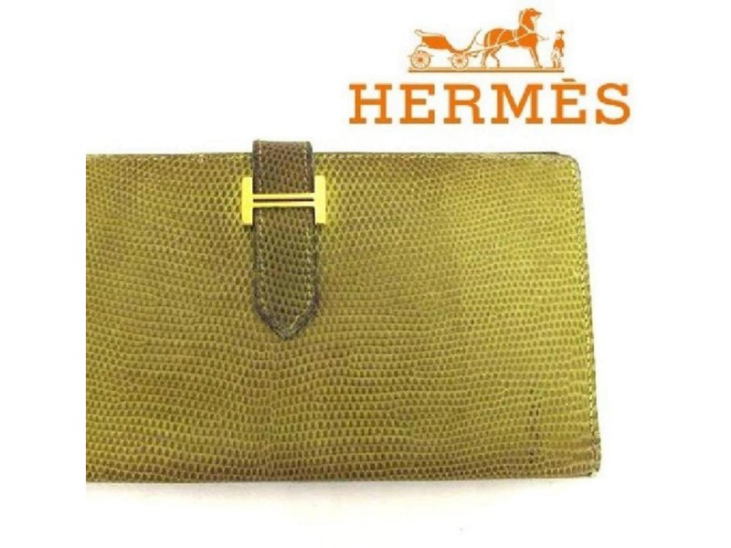 Hermes Lizard Bearn Green Hombre Bifold Classic Wallet 165538