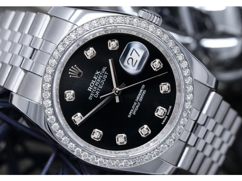 Rolex 36mm Datejust Factory Black Diamond Dial with Custom Diamond Bezel Stainless Steel Jubilee Hidden Clasp 
