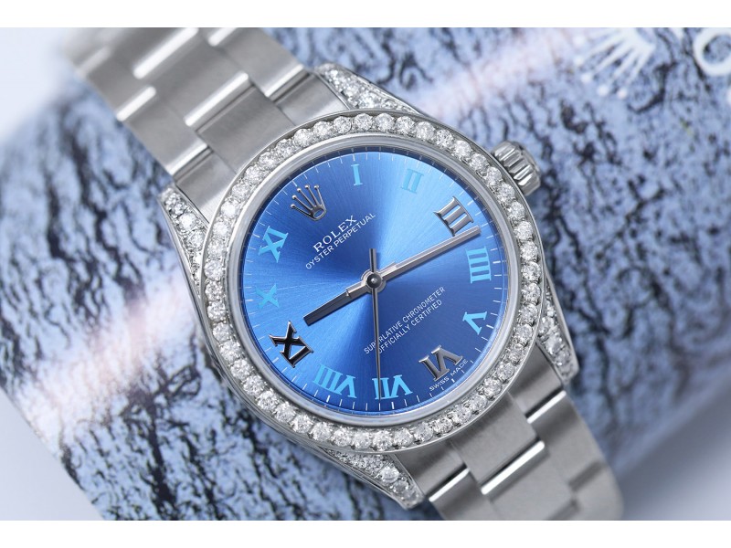 Rolex   Oyster Perpetual Blue Dial Ladies Stainless Steel Diamond Watch  
