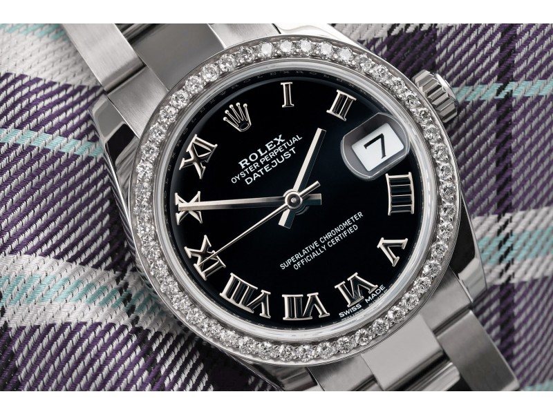 Rolex Datejust   Stainless Steel Ladies Watch with Black Roman Dial snd Diamond Bezel 