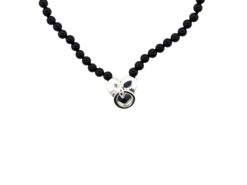 Vintage Tiffany & Co. Sterling Silver Black Onyx Heart Bead Ball Necklace 