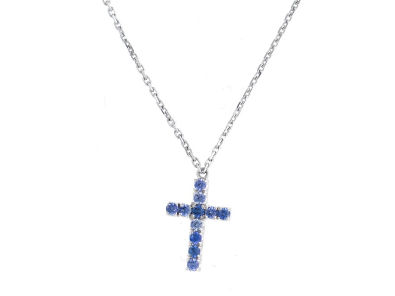 Cartier 18K White Gold Blue Sapphire Cross Pendant Necklace