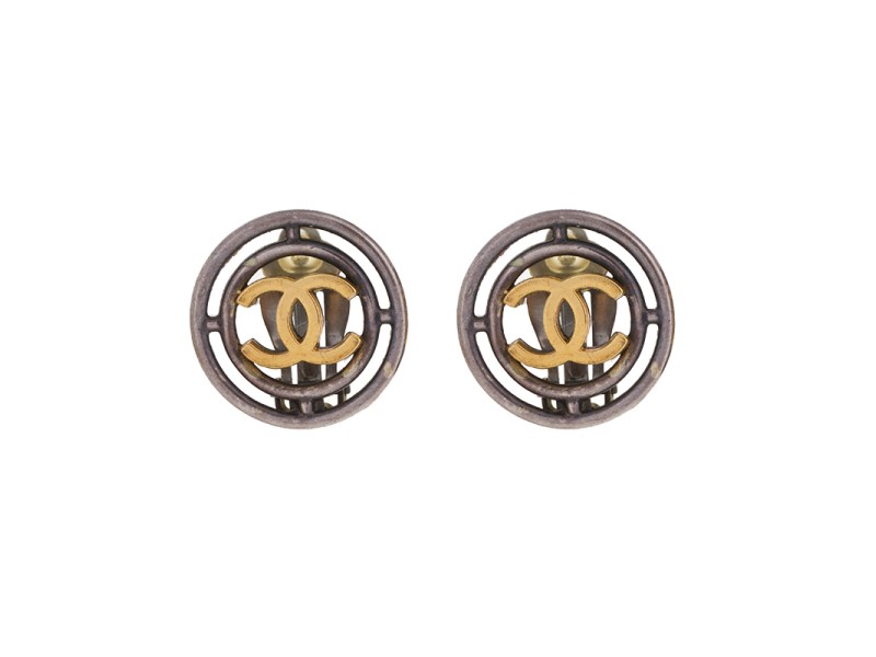 Chanel Silver and Gold-Tone CC Clip-On Earrings
