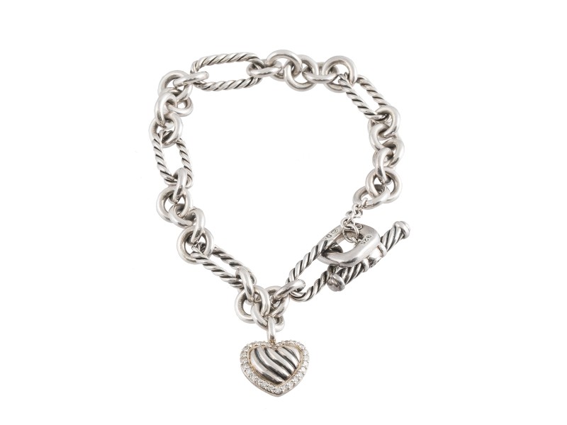 David Yurman Sterling Silver Pave Heart Charm 0.20ct Diamonds on Figaro Bracelet