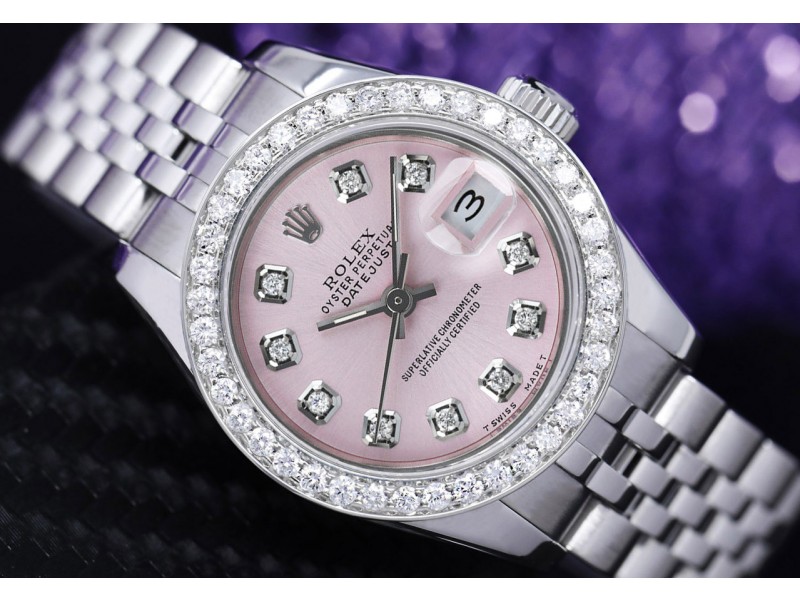 Rolex Datejust 26mm Pink Custom Diamond Dial Diamond Bezel Steel Ladies Watch