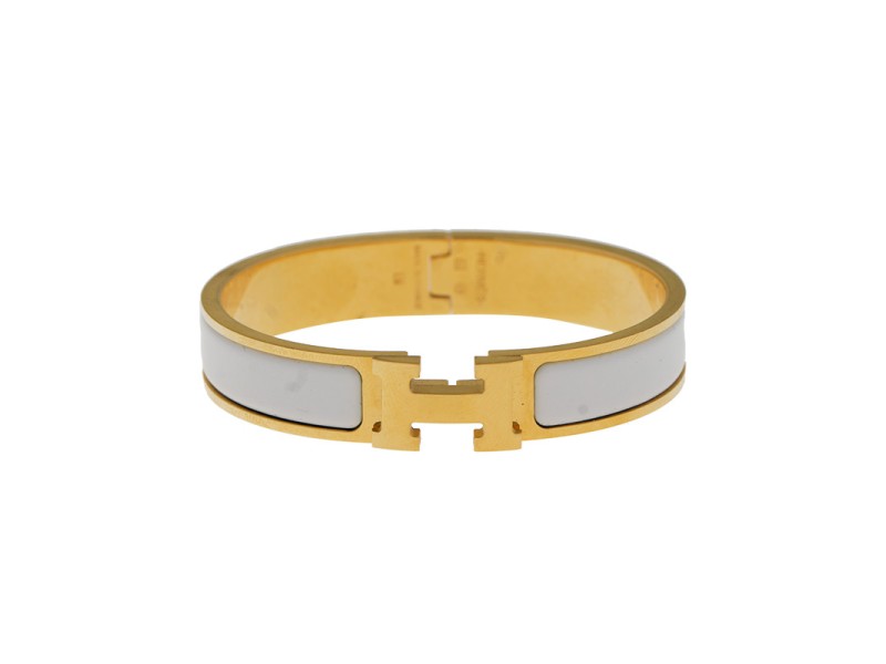 Hermes Gold Tone White Enamel Clic-Clac H Bangle Bracelet
