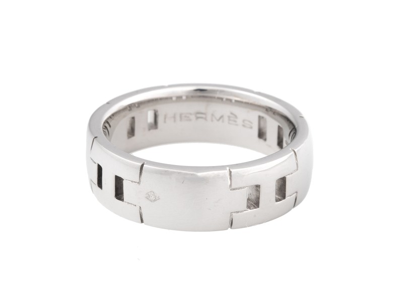 Hermes 18K White Gold 'H' Logo Ring Size 9