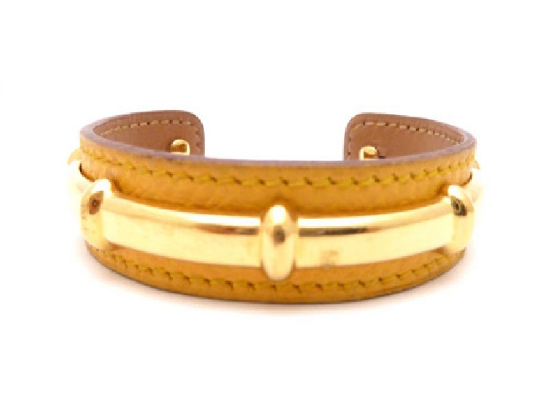 Hermes Gold Tone Metal Brown Leather Bracelet