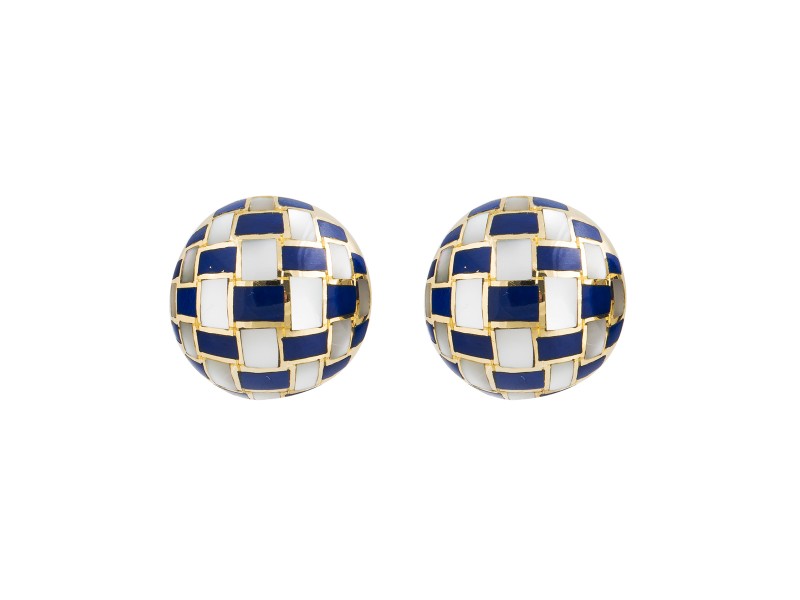 Tiffany & Co. 18k Yellow Gold Mother Of Pearl Lapis Checkerboard Vintage Earrings