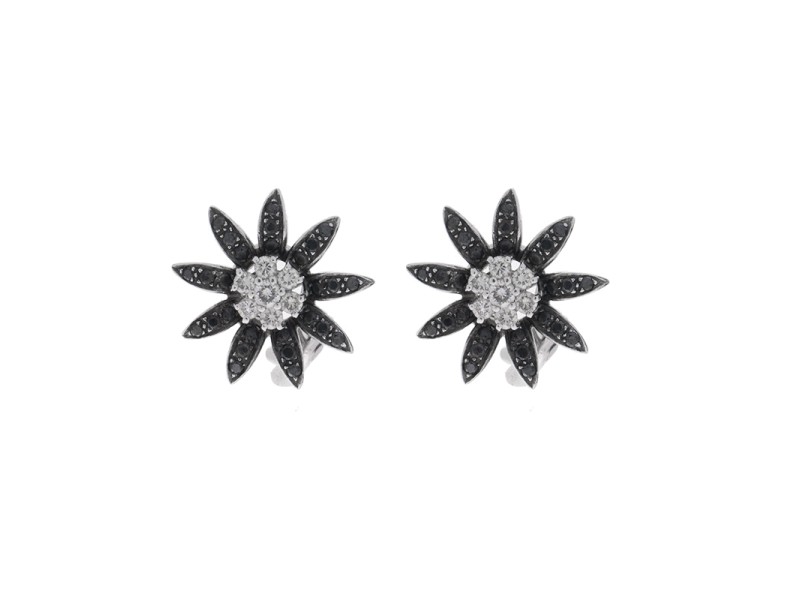 18k White Gold White and Black Diamond Flower Earrings	