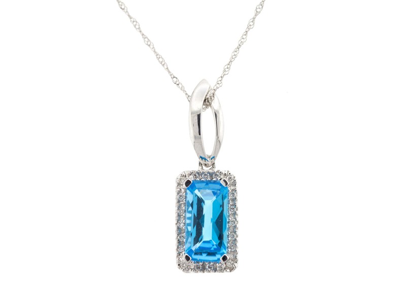 14k White Gold Blue Topaz and Diamond Necklace