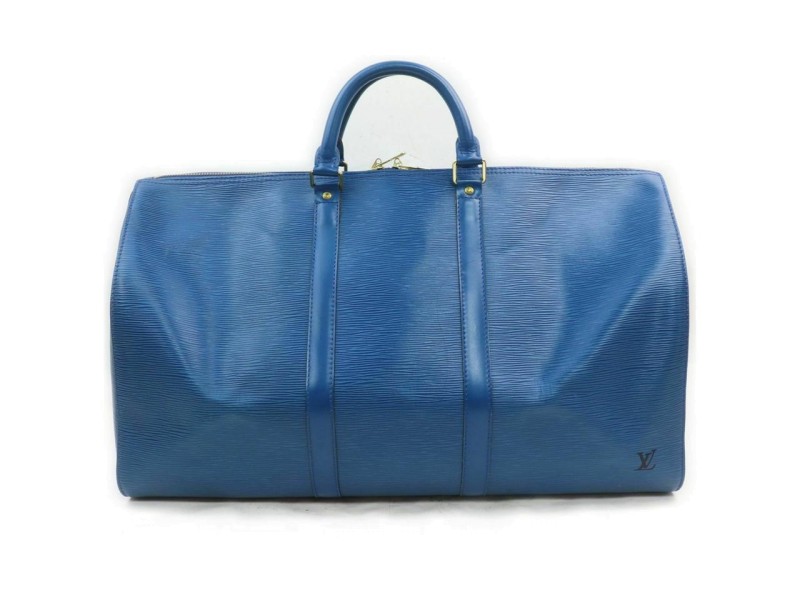 Louis Vuitton Blue Leather Epi Keepall 50 Duffle Boston Travel 860958