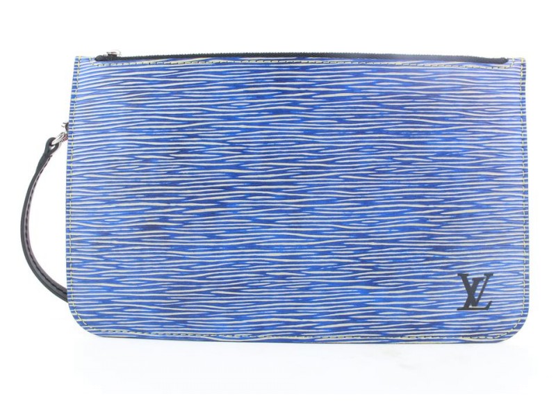 Louis Vuitton Blue Denim Epi Leather Neverfull Pochette MM/GM Wristlet Bag 492lvs34