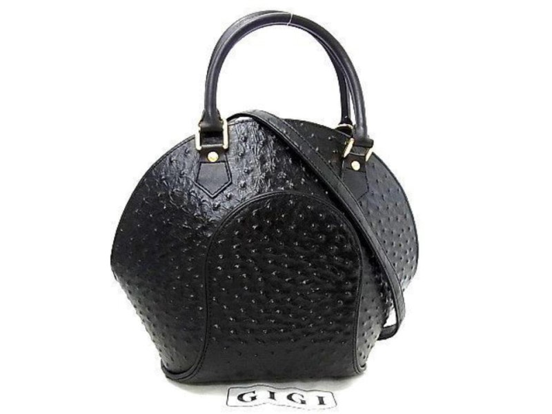 Octagon Shell with Strap 237652 Black Ostrich Leather Satchel