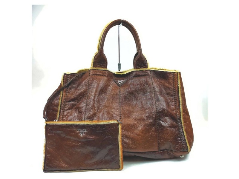 Prada  Brown Leather Shearling Tote Bag with Pouch  861718