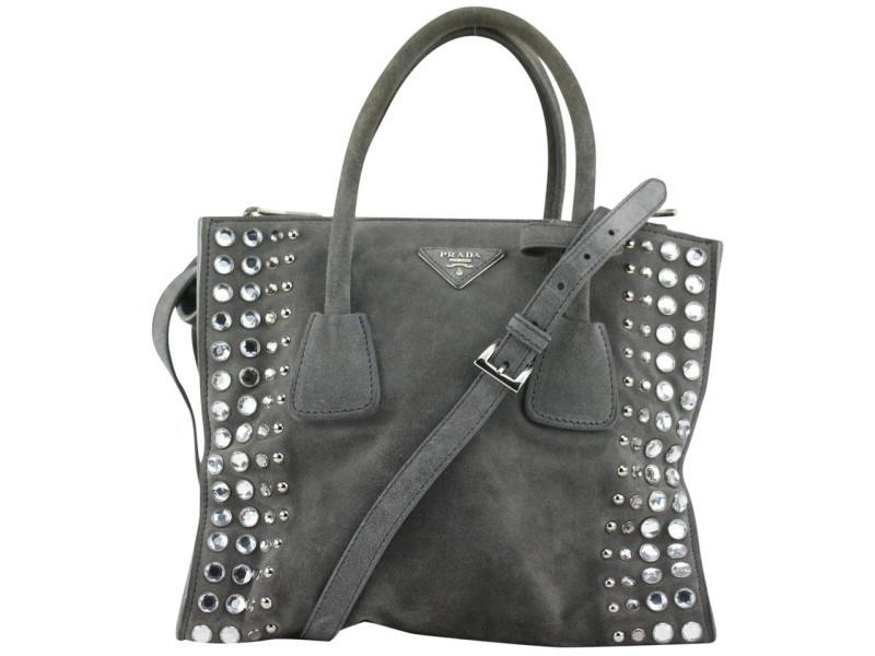 Prada Crystal Studded Suede 2way Tote Bag with Strap 8PR1022