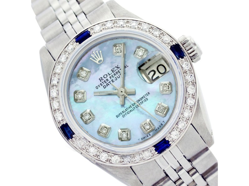 Rolex Lady Datejust Blue Mother of Pearl Diamond Dial and Bezel Stainless Steel 26mm Watch
