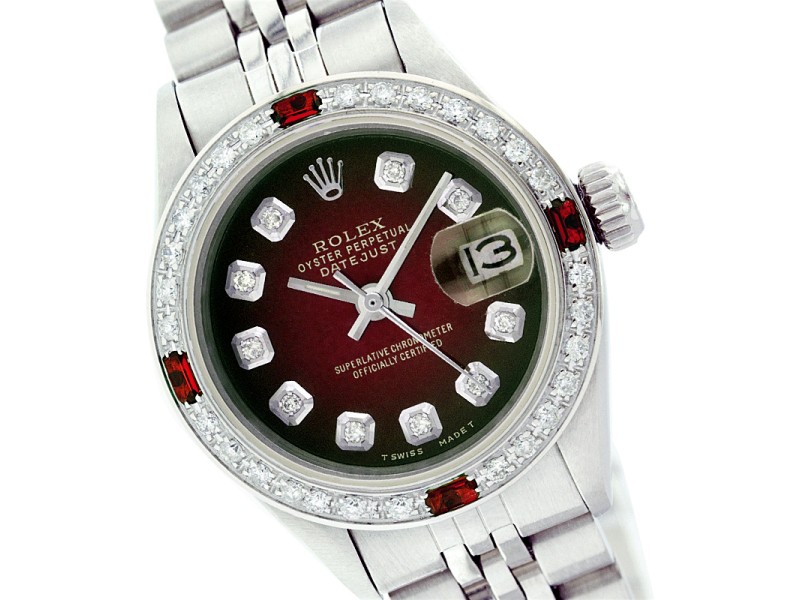 Rolex Datejust 6917 Stainless Steel Red Vignette Dial Ruby & Diamond 26mm Womens Watch