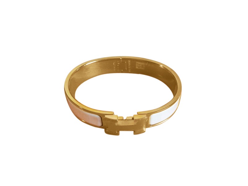Hermes White Enamel Gold H Clic Clac Bangle Bracelet 