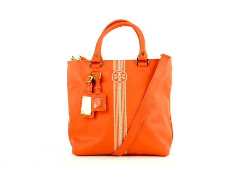Tory Burch Orange Leather Logo Stripe Tote Bag with Strap 623tor316