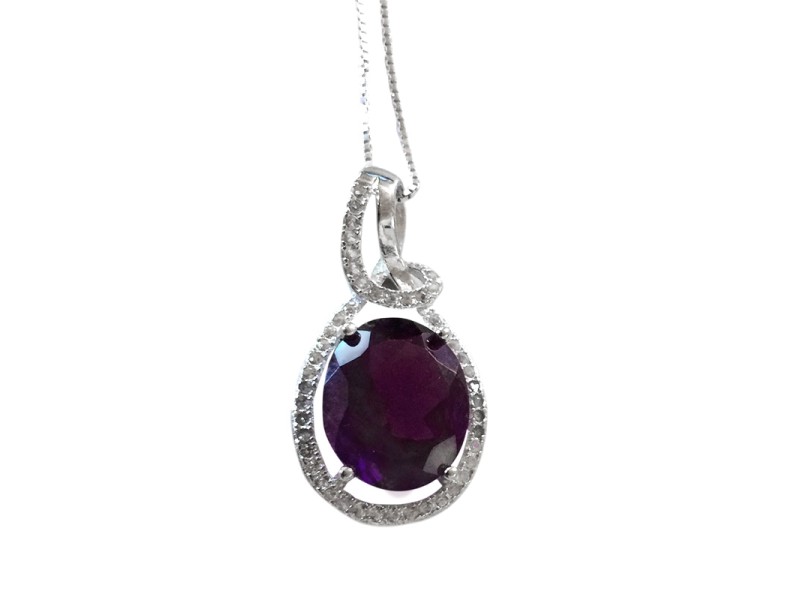 14K White Gold & Sterling Silver Diamond Sapphire & Amethyst Necklace