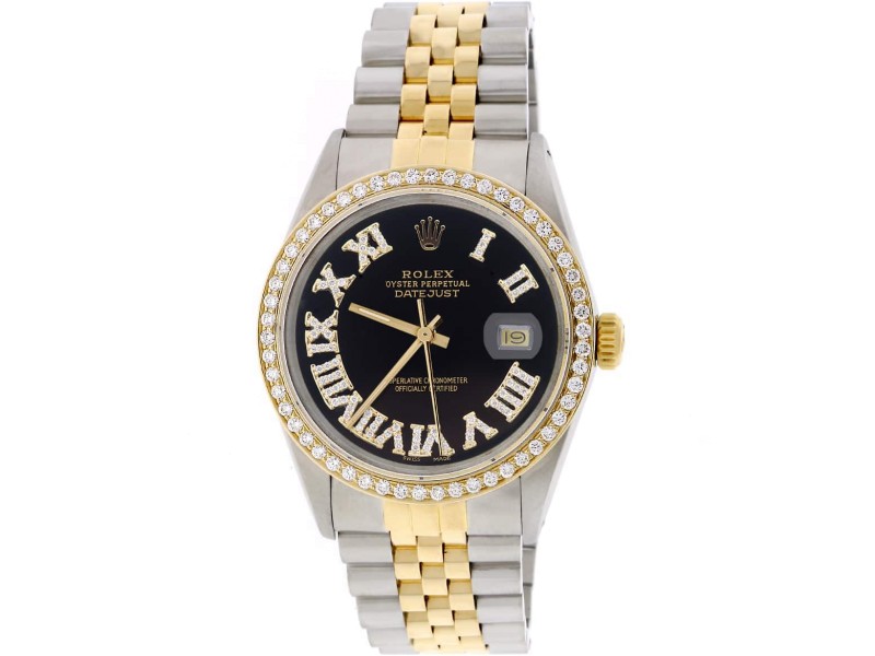 Rolex Datejust 2-Tone 18K Gold/SS 36mm Automatic Jubilee Watch with Black Roman Diamond Dial & Bezel