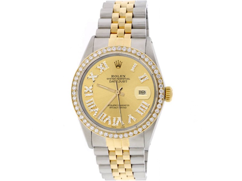 Rolex Datejust 2-Tone 18K Gold/SS 36mm Automatic Jubilee Watch with Champagne Roman Diamond Dial & Bezel