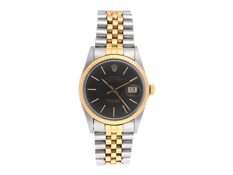 Rolex DateJust 16013 18k Yellow Gold Stainless Steel with Black Tapestry Dial 36 mm Mens Watch