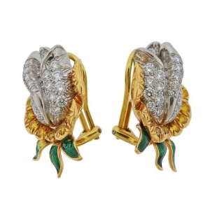 Oscar Heyman Gold Platinum Diamond Rose Flower Earrings