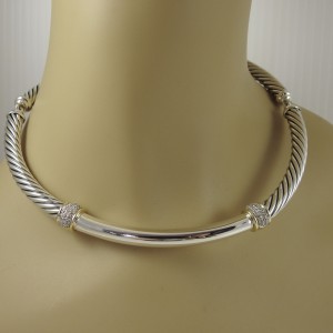 David Yurman Sterling Silver 18K Yellow Gold .42tcw 7mm Pave Diamond Metro Cable Necklace