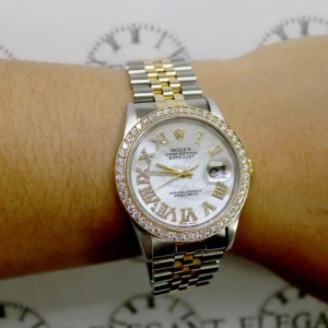 Rolex Datejust 2-Tone 18K Gold/SS 36mm Automatic Jubilee Watch w/MOP Roman Diamond Dial & 1.85Ct Bezel