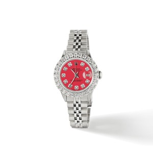 Rolex Datejust Steel 26mm Jubilee Watch 2CT Diamond Bezel / Scarlet Red Dial