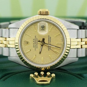 Rolex Datejust Ladies 2-Tone 18K Yellow Gold/Steel Original Champagne Stick Dial 26MM Jubilee Watch 69173