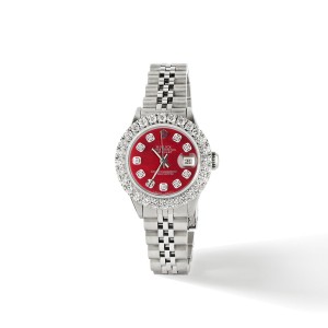 Rolex Datejust Steel 26mm Jubilee Watch 2CT Diamond Bezel / Candy Red MOP Dial