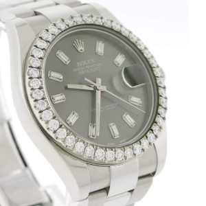 Rolex Datejust II 41MM Automatic Mens Oyster Watch 116300 w/Grey Baguette Diamond Dial & Bezel