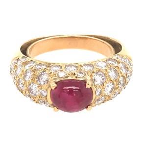 18k Yellow Gold Pave Diamond and Ruby Cabochon Ring