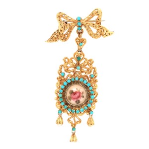 18k Yellow Gold Hand Painted Hanging Brooch
