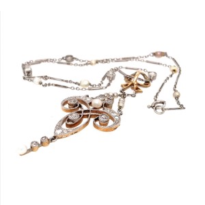 14k Turn of the Century Pearl and Diamond Pendant Necklace