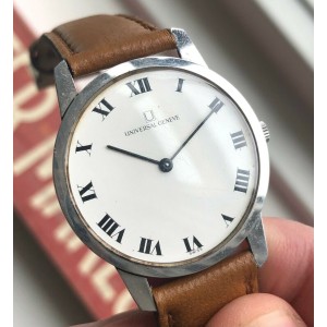 Vintage Universal Geneve Slim Manual Wind White Roman Numeral Dial Steel Watch