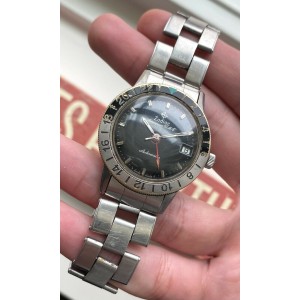 Vintage Zodiac Aerospace GMT Automatic Glossy Black Dial Steel Case Watch