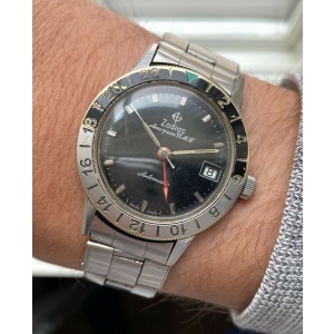 Vintage Zodiac Aerospace GMT Automatic Glossy Black Dial Steel Case Watch